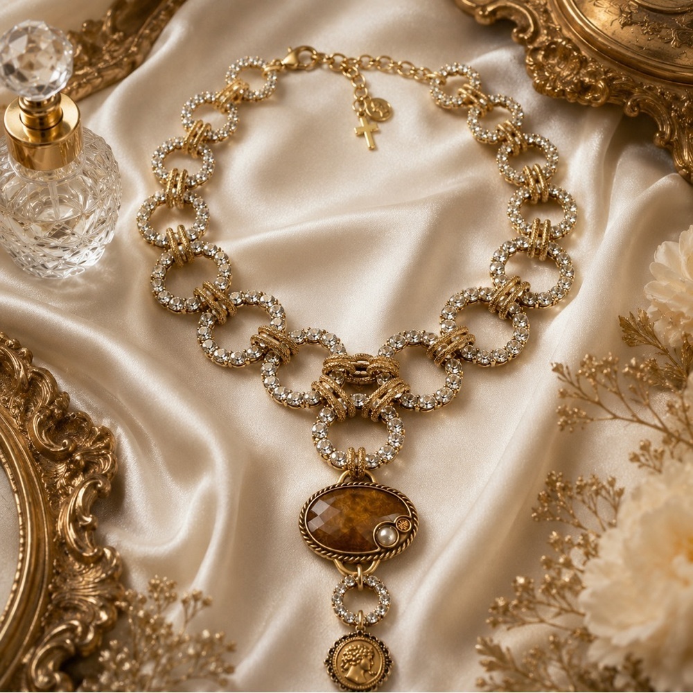 Artisan RUBYRUDI Gold-Tone Crystal Link Necklace w/Amber Oval Pendant Upcycled